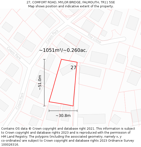 27, COMFORT ROAD, MYLOR BRIDGE, FALMOUTH, TR11 5SE: Plot and title map