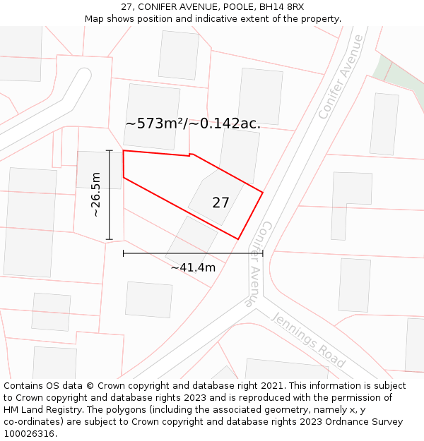 27, CONIFER AVENUE, POOLE, BH14 8RX: Plot and title map