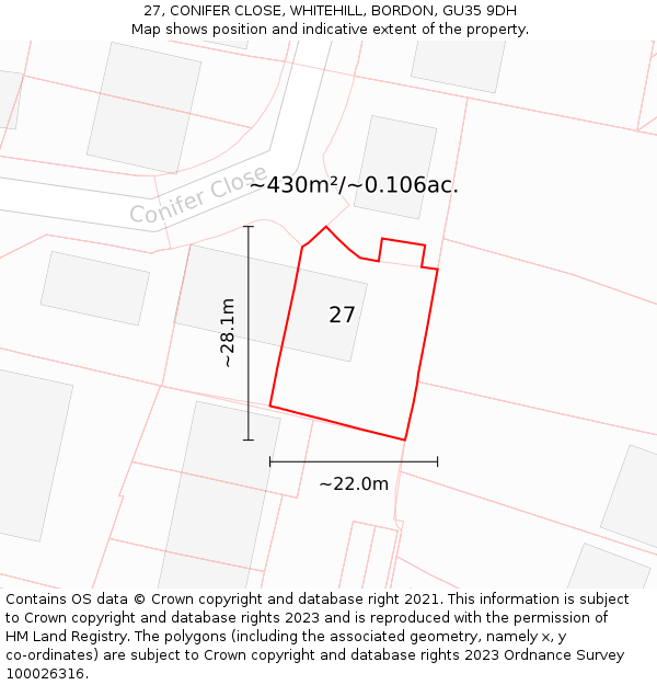 27, CONIFER CLOSE, WHITEHILL, BORDON, GU35 9DH: Plot and title map