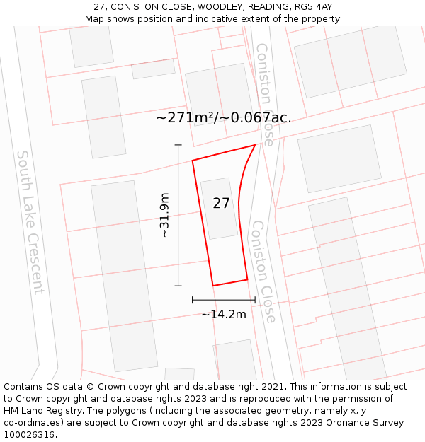 27, CONISTON CLOSE, WOODLEY, READING, RG5 4AY: Plot and title map