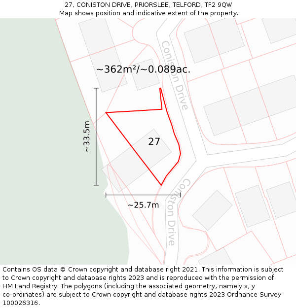 27, CONISTON DRIVE, PRIORSLEE, TELFORD, TF2 9QW: Plot and title map