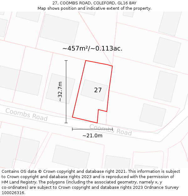 27, COOMBS ROAD, COLEFORD, GL16 8AY: Plot and title map