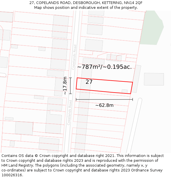 27, COPELANDS ROAD, DESBOROUGH, KETTERING, NN14 2QF: Plot and title map