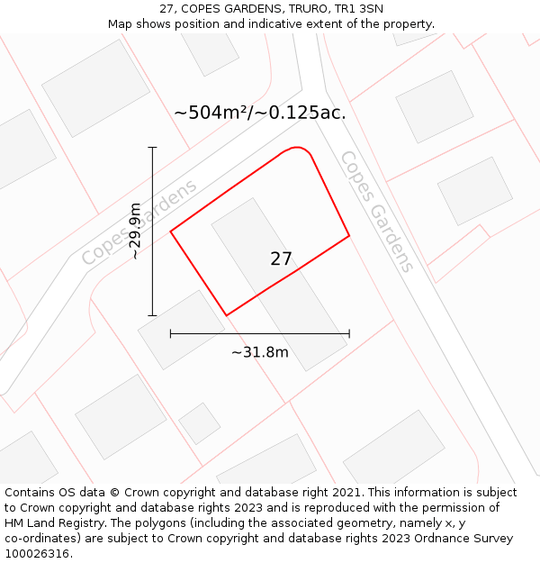 27, COPES GARDENS, TRURO, TR1 3SN: Plot and title map