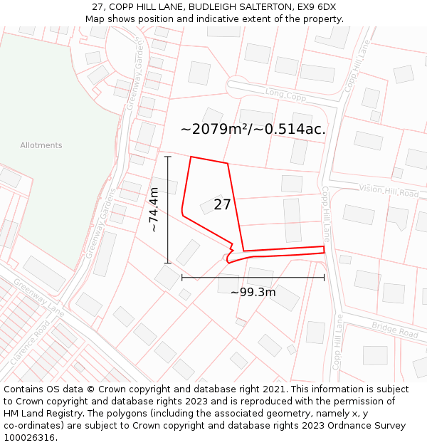 27, COPP HILL LANE, BUDLEIGH SALTERTON, EX9 6DX: Plot and title map