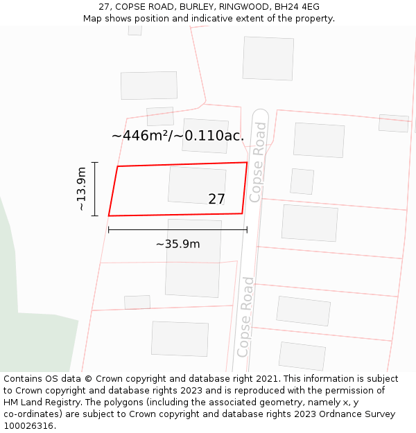 27, COPSE ROAD, BURLEY, RINGWOOD, BH24 4EG: Plot and title map