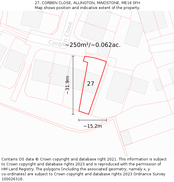 27, CORBEN CLOSE, ALLINGTON, MAIDSTONE, ME16 0FH: Plot and title map