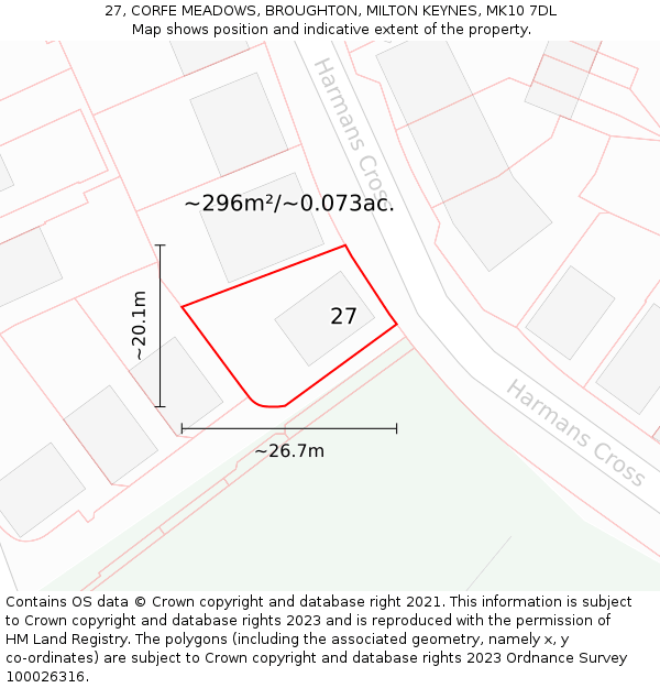 27, CORFE MEADOWS, BROUGHTON, MILTON KEYNES, MK10 7DL: Plot and title map