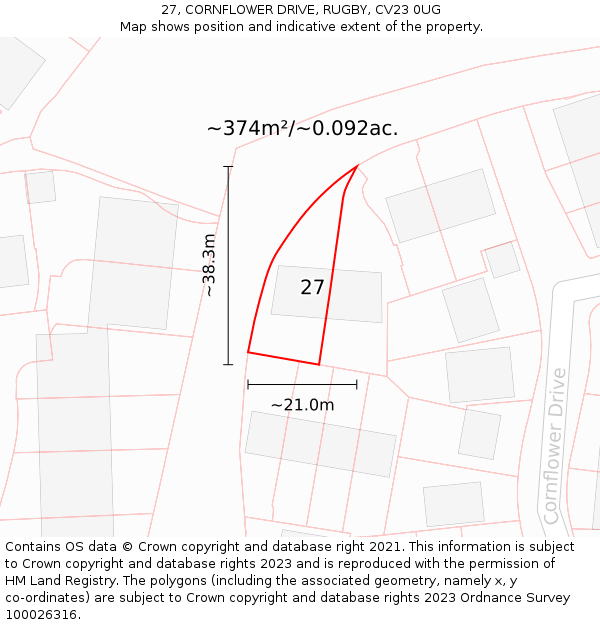 27, CORNFLOWER DRIVE, RUGBY, CV23 0UG: Plot and title map