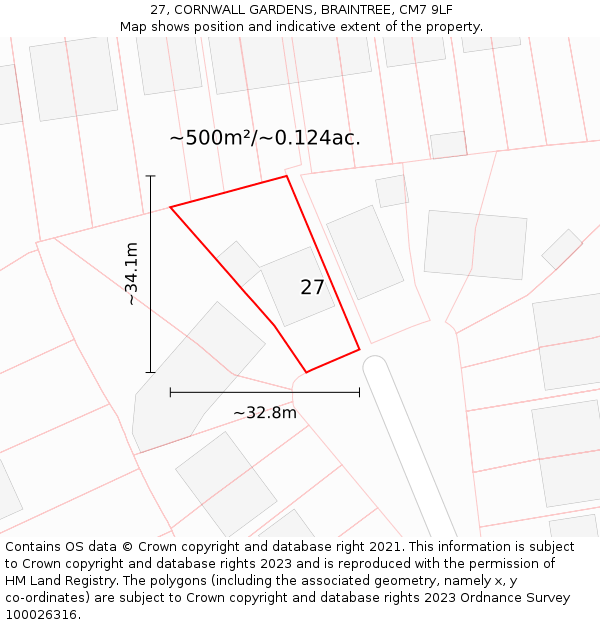 27, CORNWALL GARDENS, BRAINTREE, CM7 9LF: Plot and title map
