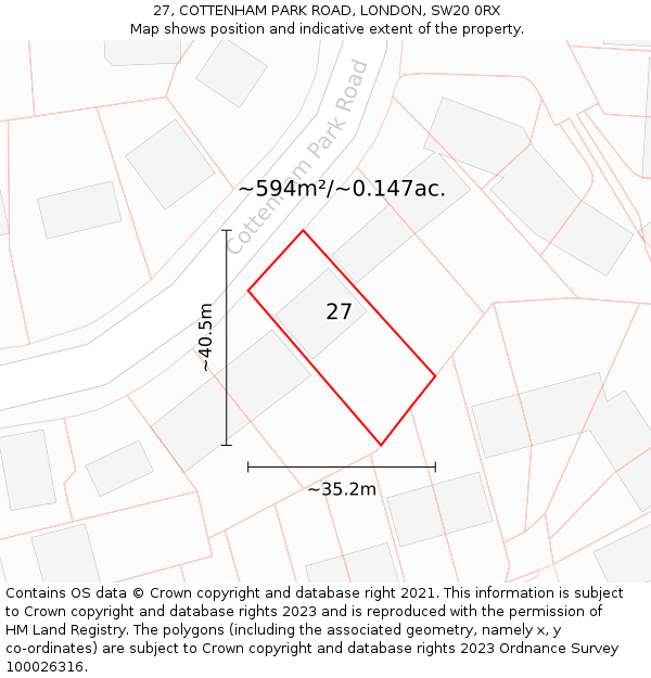 27, COTTENHAM PARK ROAD, LONDON, SW20 0RX: Plot and title map
