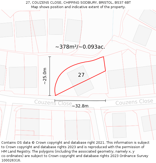 27, COUZENS CLOSE, CHIPPING SODBURY, BRISTOL, BS37 6BT: Plot and title map