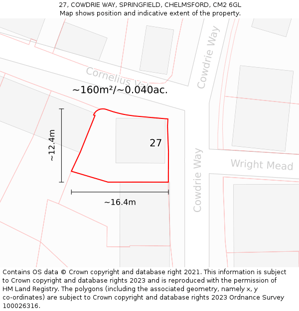 27, COWDRIE WAY, SPRINGFIELD, CHELMSFORD, CM2 6GL: Plot and title map