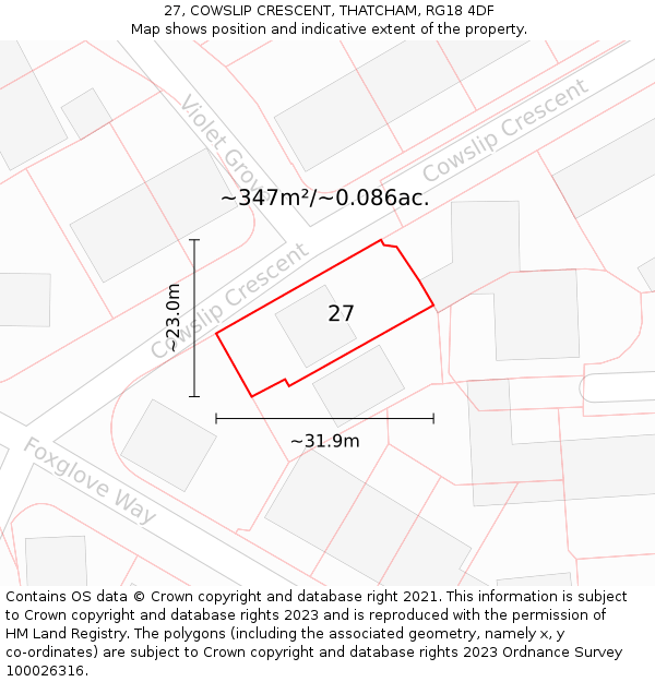 27, COWSLIP CRESCENT, THATCHAM, RG18 4DF: Plot and title map