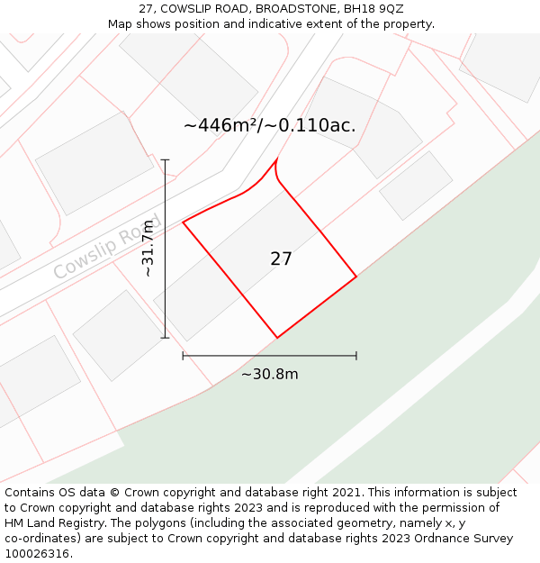 27, COWSLIP ROAD, BROADSTONE, BH18 9QZ: Plot and title map