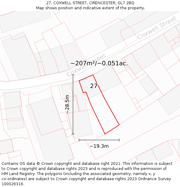 27, COXWELL STREET, CIRENCESTER, GL7 2BQ: Plot and title map