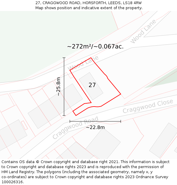 27, CRAGGWOOD ROAD, HORSFORTH, LEEDS, LS18 4RW: Plot and title map