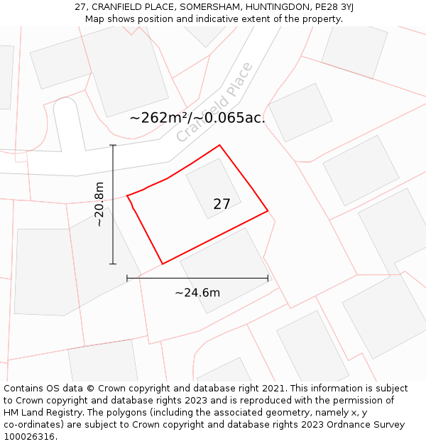 27, CRANFIELD PLACE, SOMERSHAM, HUNTINGDON, PE28 3YJ: Plot and title map