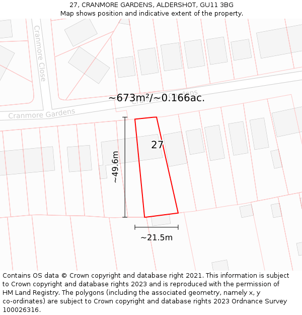 27, CRANMORE GARDENS, ALDERSHOT, GU11 3BG: Plot and title map