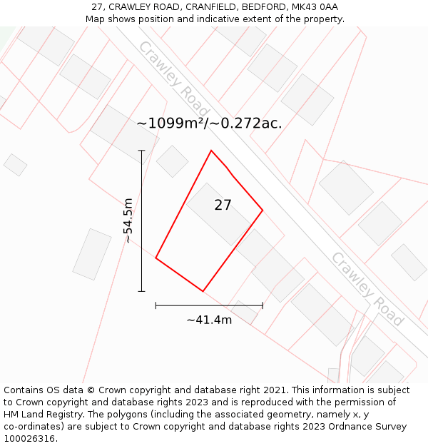 27, CRAWLEY ROAD, CRANFIELD, BEDFORD, MK43 0AA: Plot and title map