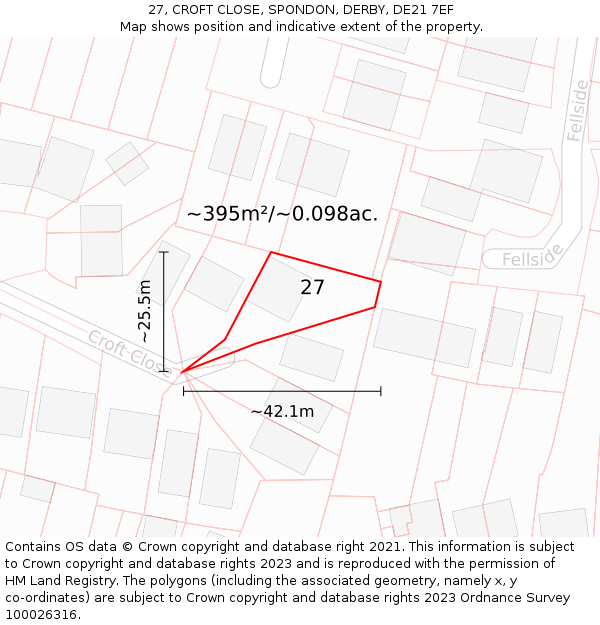 27, CROFT CLOSE, SPONDON, DERBY, DE21 7EF: Plot and title map