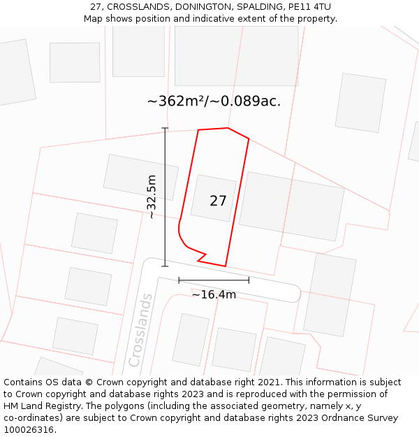 27, CROSSLANDS, DONINGTON, SPALDING, PE11 4TU: Plot and title map