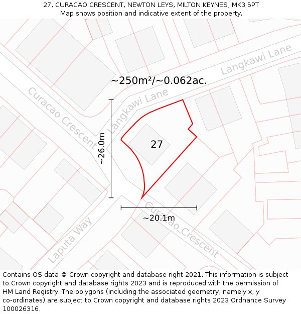 27, CURACAO CRESCENT, NEWTON LEYS, MILTON KEYNES, MK3 5PT: Plot and title map