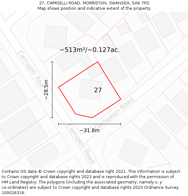 27, CWMGELLI ROAD, MORRISTON, SWANSEA, SA6 7PD: Plot and title map