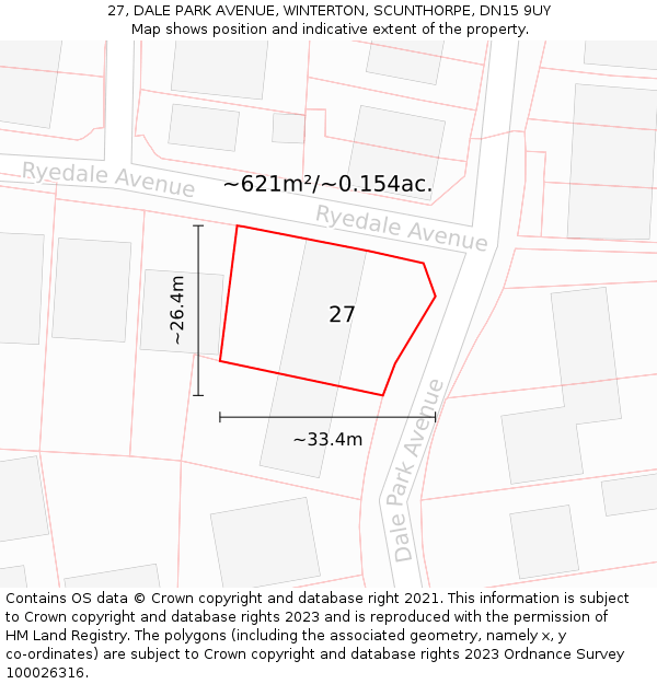 27, DALE PARK AVENUE, WINTERTON, SCUNTHORPE, DN15 9UY: Plot and title map