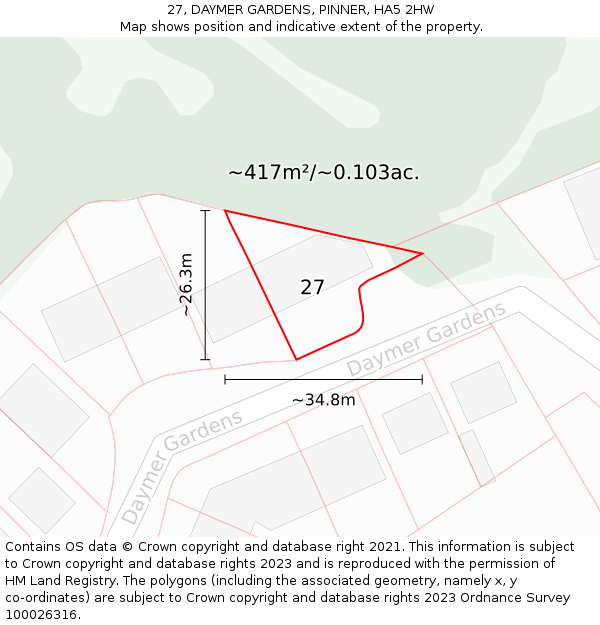 27, DAYMER GARDENS, PINNER, HA5 2HW: Plot and title map