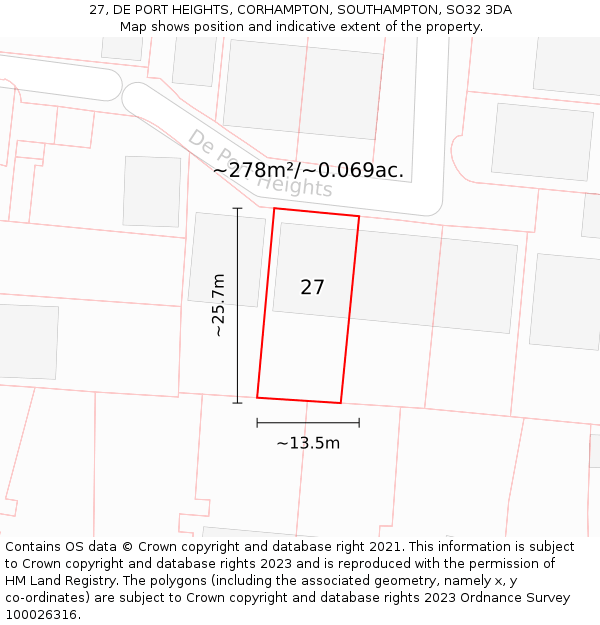 27, DE PORT HEIGHTS, CORHAMPTON, SOUTHAMPTON, SO32 3DA: Plot and title map