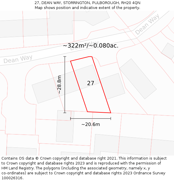 27, DEAN WAY, STORRINGTON, PULBOROUGH, RH20 4QN: Plot and title map