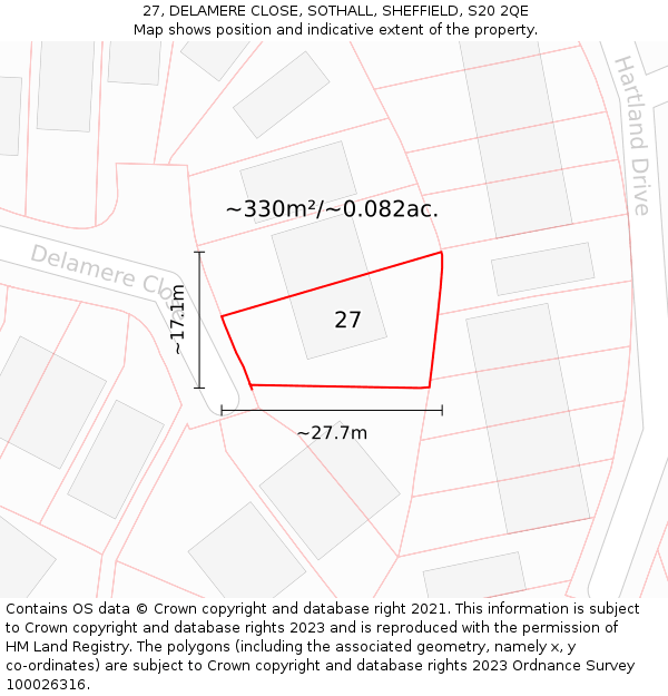 27, DELAMERE CLOSE, SOTHALL, SHEFFIELD, S20 2QE: Plot and title map