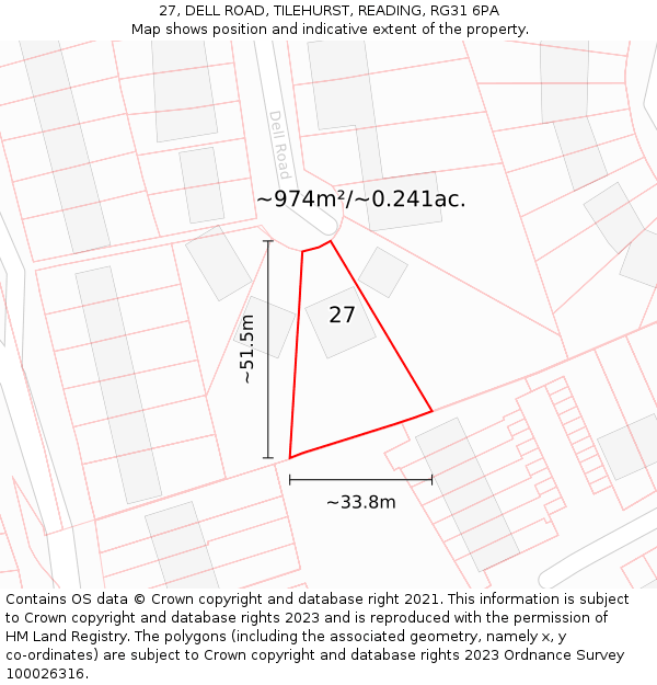 27, DELL ROAD, TILEHURST, READING, RG31 6PA: Plot and title map