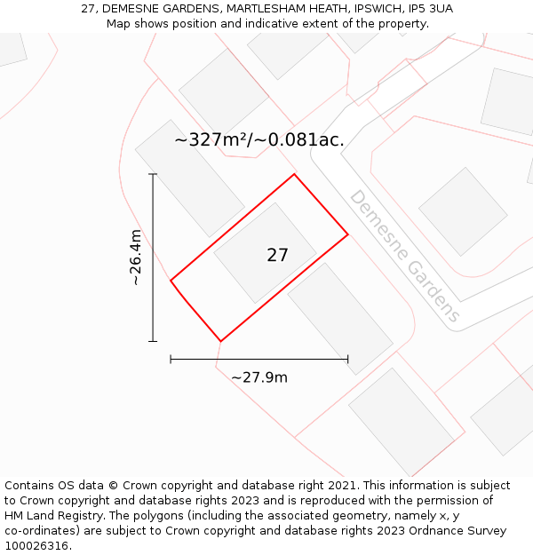 27, DEMESNE GARDENS, MARTLESHAM HEATH, IPSWICH, IP5 3UA: Plot and title map