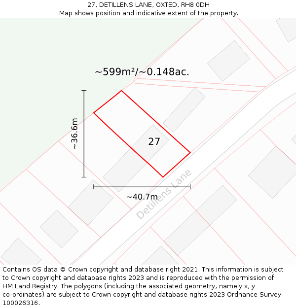 27, DETILLENS LANE, OXTED, RH8 0DH: Plot and title map