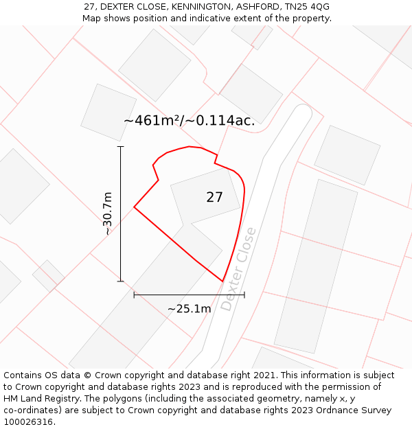 27, DEXTER CLOSE, KENNINGTON, ASHFORD, TN25 4QG: Plot and title map