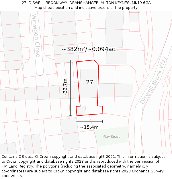 27, DISWELL BROOK WAY, DEANSHANGER, MILTON KEYNES, MK19 6GA: Plot and title map