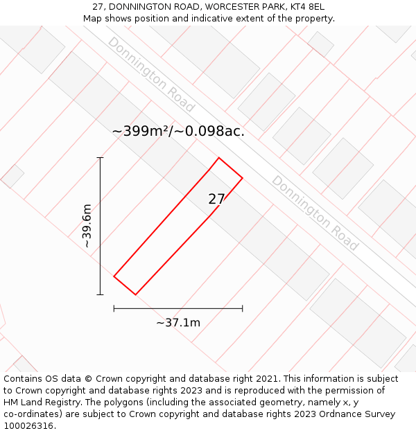 27, DONNINGTON ROAD, WORCESTER PARK, KT4 8EL: Plot and title map