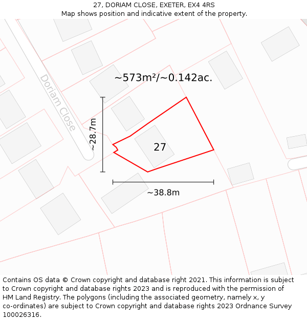 27, DORIAM CLOSE, EXETER, EX4 4RS: Plot and title map