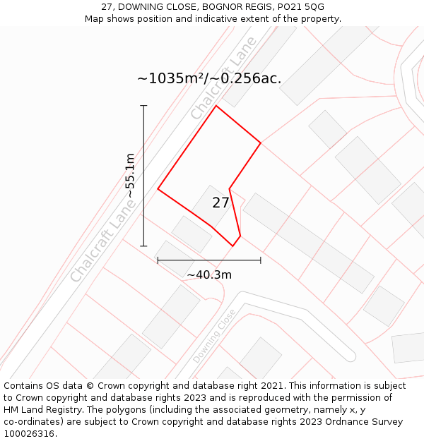 27, DOWNING CLOSE, BOGNOR REGIS, PO21 5QG: Plot and title map