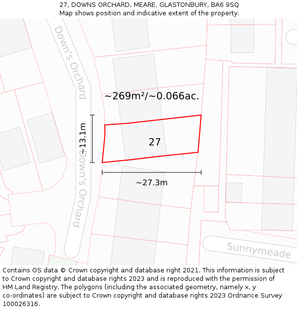 27, DOWNS ORCHARD, MEARE, GLASTONBURY, BA6 9SQ: Plot and title map