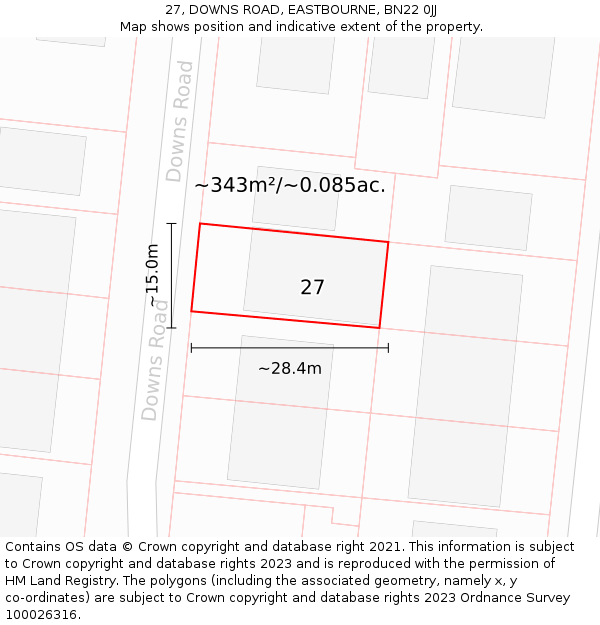27, DOWNS ROAD, EASTBOURNE, BN22 0JJ: Plot and title map