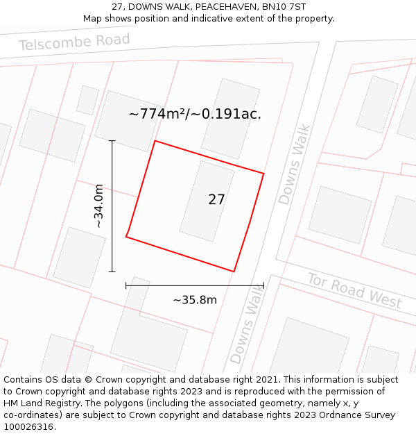 27, DOWNS WALK, PEACEHAVEN, BN10 7ST: Plot and title map