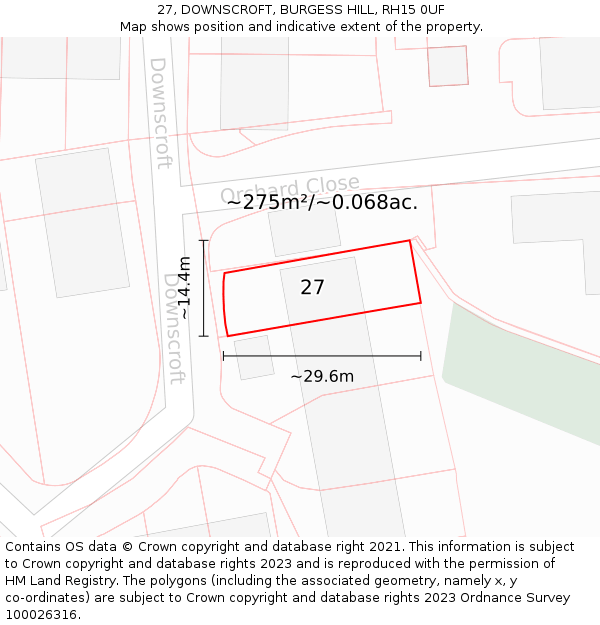 27, DOWNSCROFT, BURGESS HILL, RH15 0UF: Plot and title map