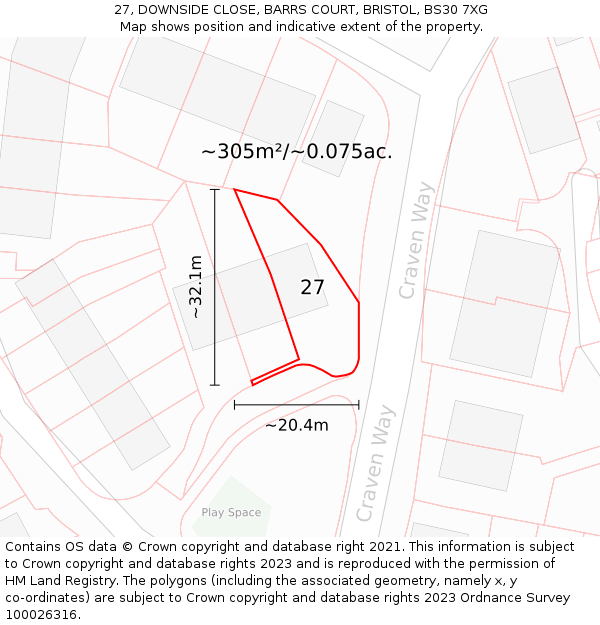 27, DOWNSIDE CLOSE, BARRS COURT, BRISTOL, BS30 7XG: Plot and title map