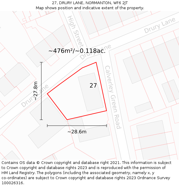 27, DRURY LANE, NORMANTON, WF6 2JT: Plot and title map