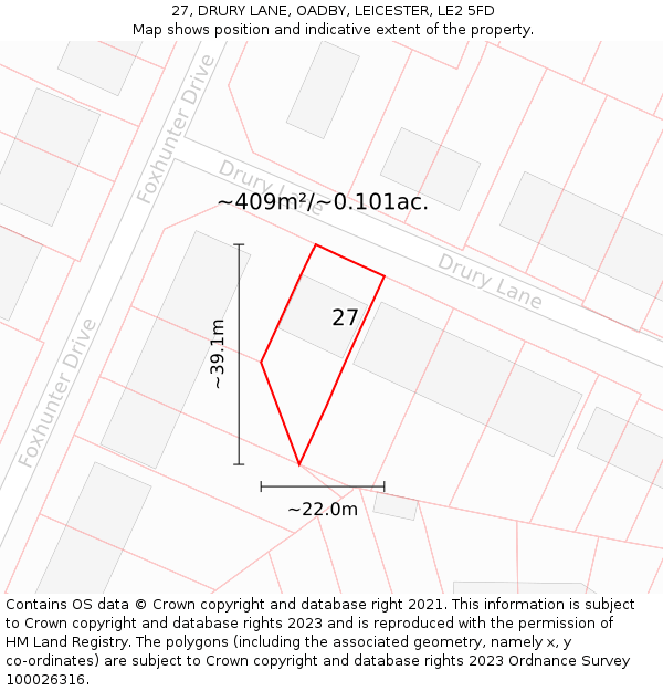 27, DRURY LANE, OADBY, LEICESTER, LE2 5FD: Plot and title map