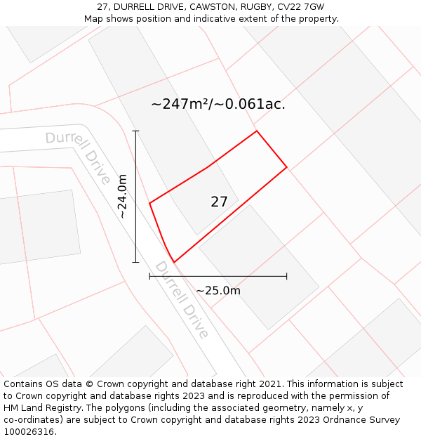 27, DURRELL DRIVE, CAWSTON, RUGBY, CV22 7GW: Plot and title map