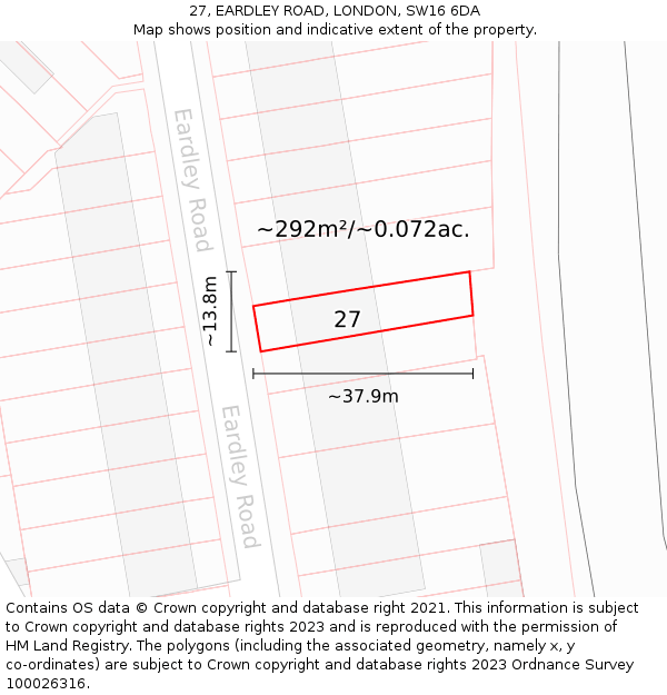 27, EARDLEY ROAD, LONDON, SW16 6DA: Plot and title map
